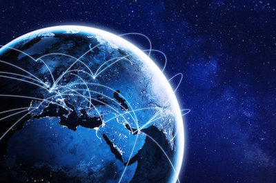 The image depicts the Earth with network lines and stars. Image elements provided by NASA.